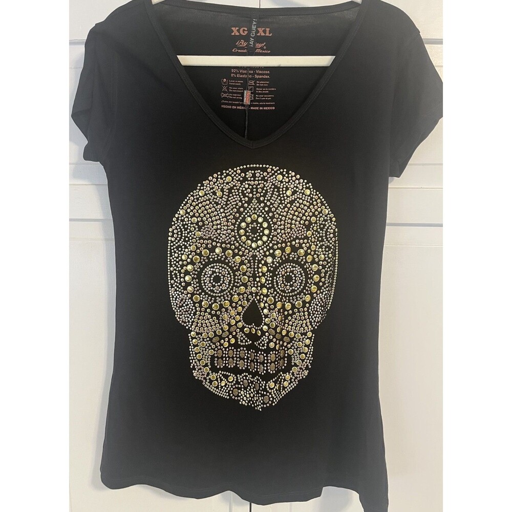Ay Guey Black Studded Gold Skull Tshirt Size XL NWT